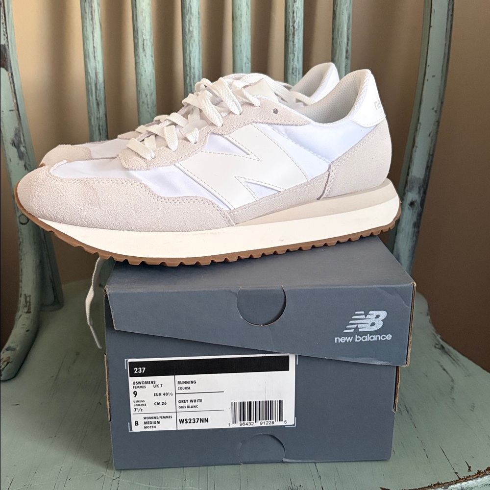 New Balance White and Tan Running Shoes. Only worn once. Women’s Size 9